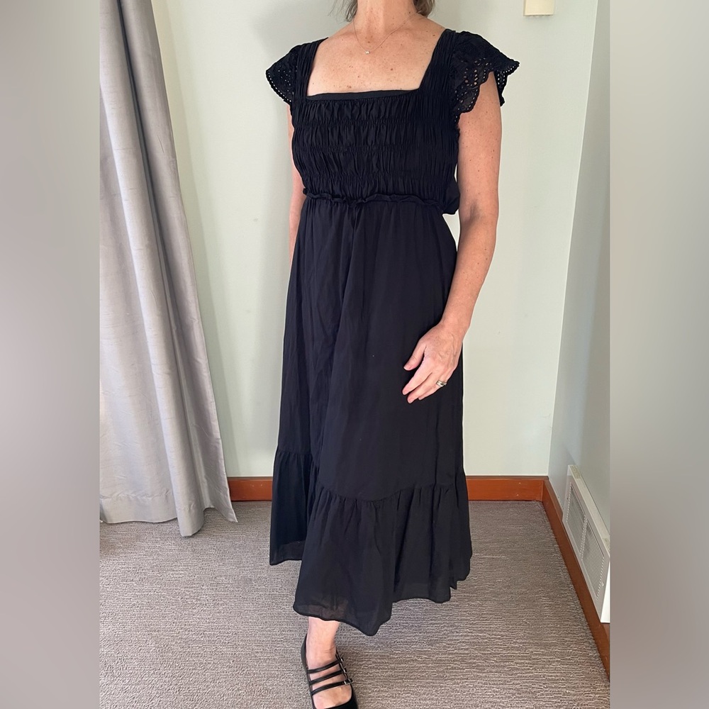 Zara Black Summer Maxi Dress w/ Smocked Bodice & Eyelet Sleeves & Open Back - L